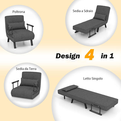 4 in 1 Poltrona Letto Singolo, Poltroncina Pieghevole con Schienale Regolabile in 6 Posizioni, Sedile Imbottito Robusto, Divano Letto per Casa Ufficio, 79x65x79 cm