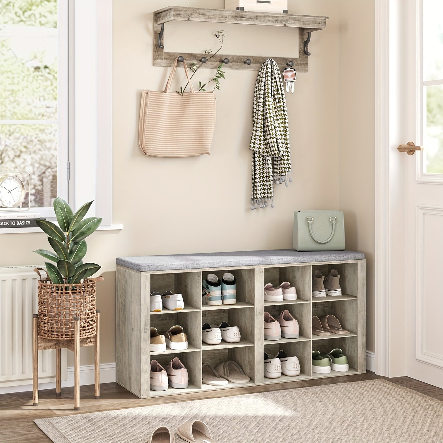 Panchina Portascarpe, Scaffale per Scarpe con Seduta, Panchina con Contenitore, Cuscino, 12 Scomparti, per Soggiorno, Ingresso, Camera da Letto, Bianco-grigio