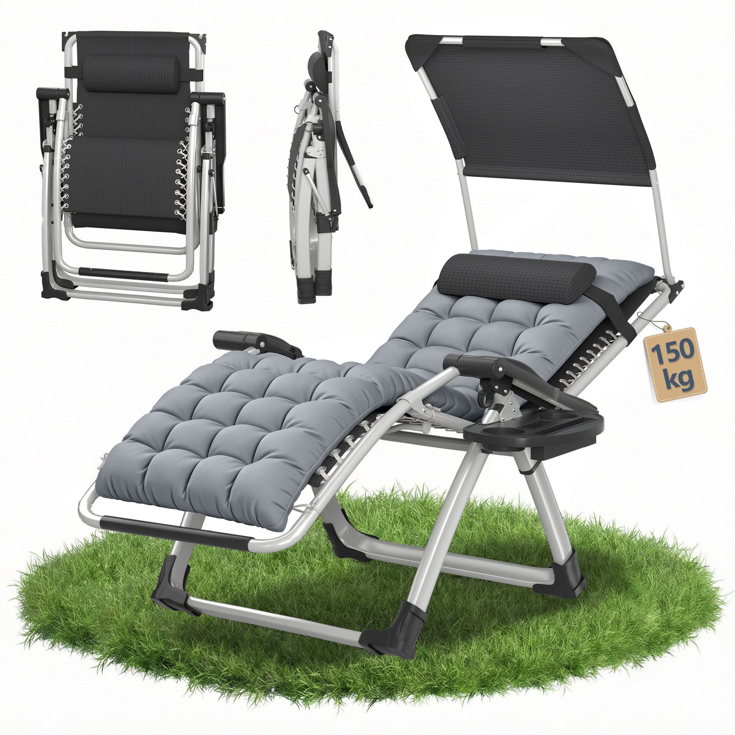 Lettoie ad angolo con tendalino pieghevole, reclinabile, extra large, schienale regolabile, cuscino ergonomico imbottito, cuscino per il collo, tasche laterali, portabicchieri, grigio nero, grigio chiaro, beige