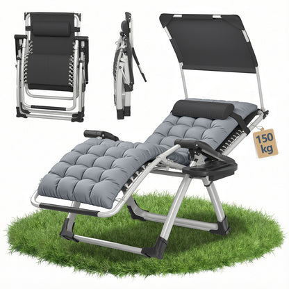 Lettoie ad angolo con tendalino pieghevole, reclinabile, extra large, schienale regolabile, cuscino ergonomico imbottito, cuscino per il collo, tasche laterali, portabicchieri, grigio nero, grigio chiaro, beige