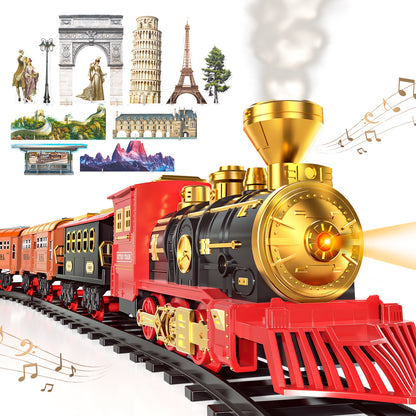 Set di binari per treni elettrici, giocattolo per decorazioni natalizie, locomotiva retrò tradizionale con luce, vapore e suono, giunzione binari, giocattolo educativo, treno in metallo pressofuso, regalo di compleanno e Natale