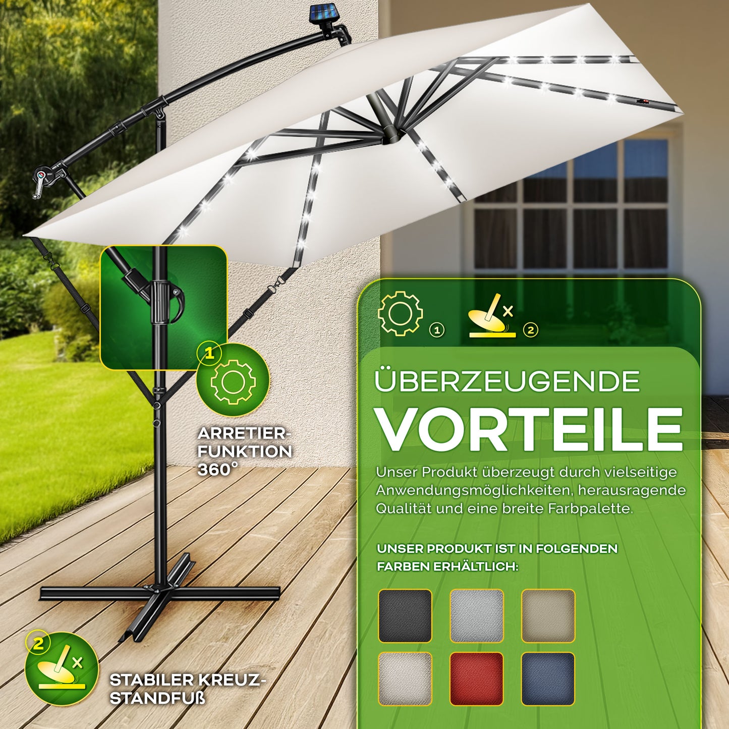 Tillvex® Tenda da Sole Rettangolare in Alluminio con LED Solare Ø 330 Cm + Copertura con Manovella | Ombrello Angolare con Luce Stradale, Supporto e Parabrezza | Grande Ombrello da Giardino in Alluminio con Protezione UV | Ombrello con Manovella, Ombrello