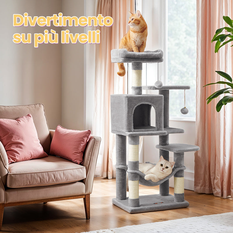 Albero per Gatti 112 cmdi Peluche, 4 Pali Tiragraffi, 2 Pompon, 1 Amaca, 2 Piattaforme, 1 Nicchia