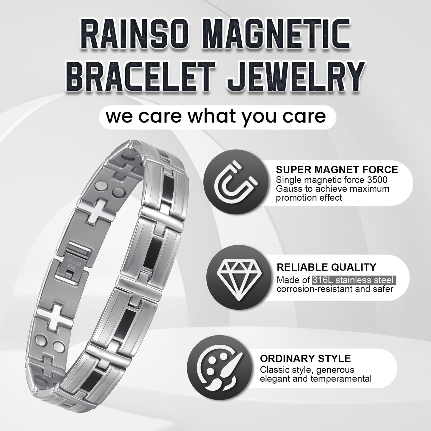 Braccialetto da Uomo in Acciaio Inossidabile 316L con 20 Magneti Potenti (3500 Gauss), Bracciale Magnetico per Polsi, Regolabile con Perline, Include Strumento di Smontaggio e Scatola Regalo Elegante