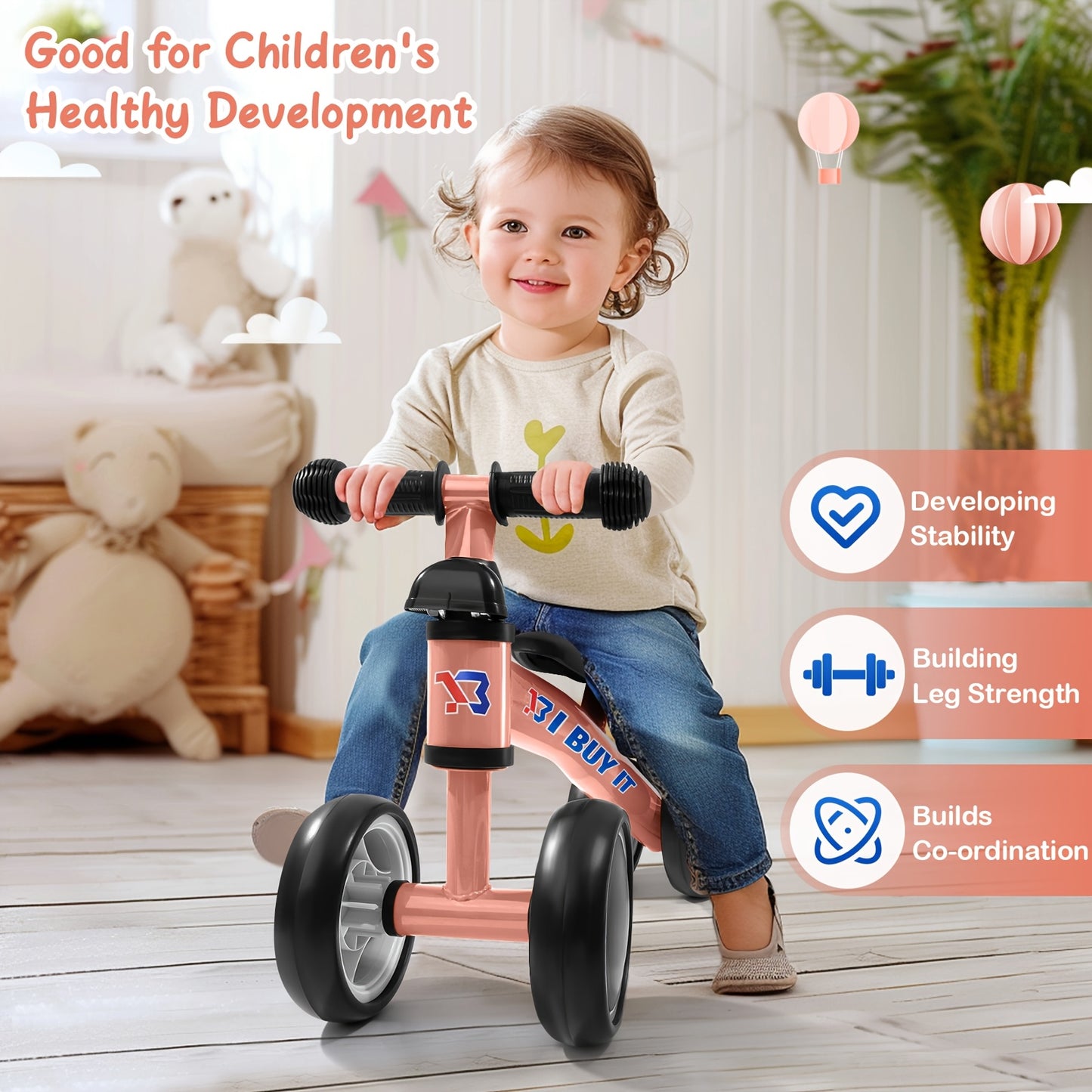 I BUY IT Bici in equilibrio per bambini - Bici leggera per bambini piccoli con telaio robusto e base ampia, 4 opzioni di colore (Rosa/Rosso/Verde/Blu/Giallo) - Bici addestramento senza pedali con sistema di freno lineare e ruote basse per bambini e bambin
