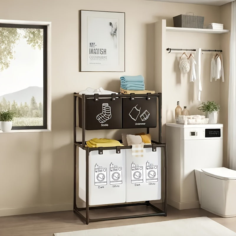 Cesto portabiancheria pieghevole a doppio strato con 4 sacche rimovibili, cestello multifunzionale salvaspazio, materiale resistente, design pieghevole, facile installazione, cesto per la biancheria, design nero moderno, adatto per camera da letto, bagno