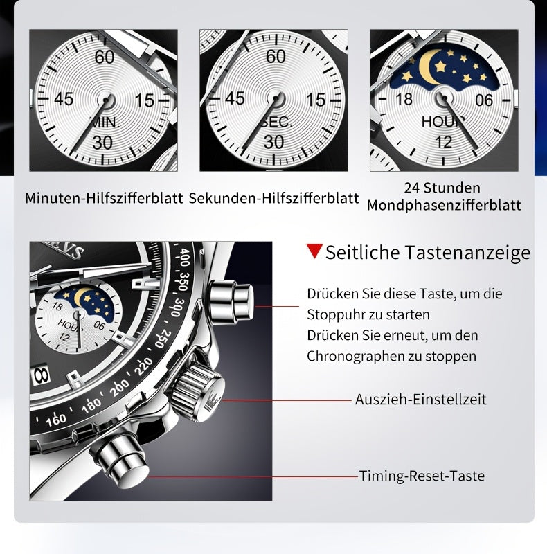 OLEVS Orologi da Uomo con Quadrante Fase Lunare Acciaio Inossidabile/Cinturino in Pelle Cronografo Lusso Business Abito Analogico Quarzo Orologi da Uomo Classici Casual Eleganti Orologi da Polso Quadrante Luminoso Nero/Bianco/Blu/Verde