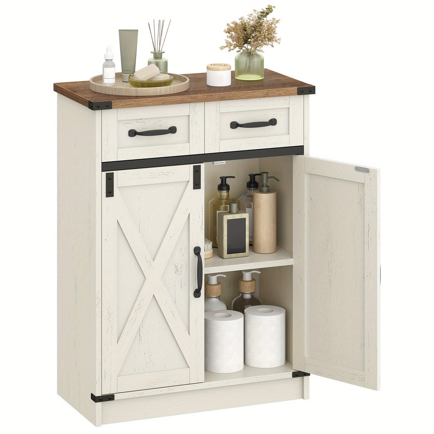 Armadietto Bagno, Armadio con 2 Cassetti e 2 Ante, Mobile da Cucina, Mensola Regolabile, Stile Country House, Soggiorno, 30 x 60 x 80 cm, Marrone Vintage-Bianco