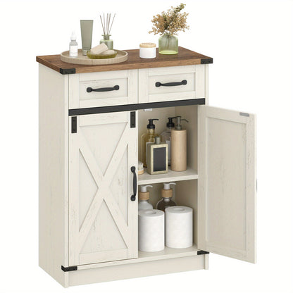 Armadietto Bagno, Armadio con 2 Cassetti e 2 Ante, Mobile da Cucina, Mensola Regolabile, Stile Country House, Soggiorno, 30 x 60 x 80 cm, Marrone Vintage-Bianco