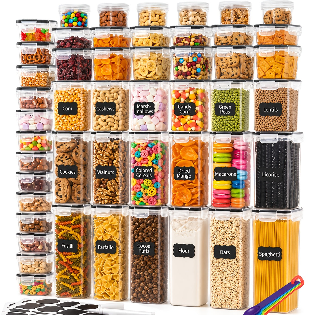 Set da 96/60/22 pezzi // Confezione di contenitori ermetici per alimenti con coperchi a scatto adatti per pasta, farina, zucchero e prodotti secchi - Barattoli e coperchi in plastica PP, organizzatori rettangolari per dispensa per cereali, snack, conserva