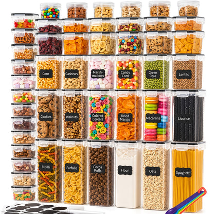 Set da 96/60/22 pezzi // Confezione di contenitori ermetici per alimenti con coperchi a scatto adatti per pasta, farina, zucchero e prodotti secchi - Barattoli e coperchi in plastica PP, organizzatori rettangolari per dispensa per cereali, snack, conserva