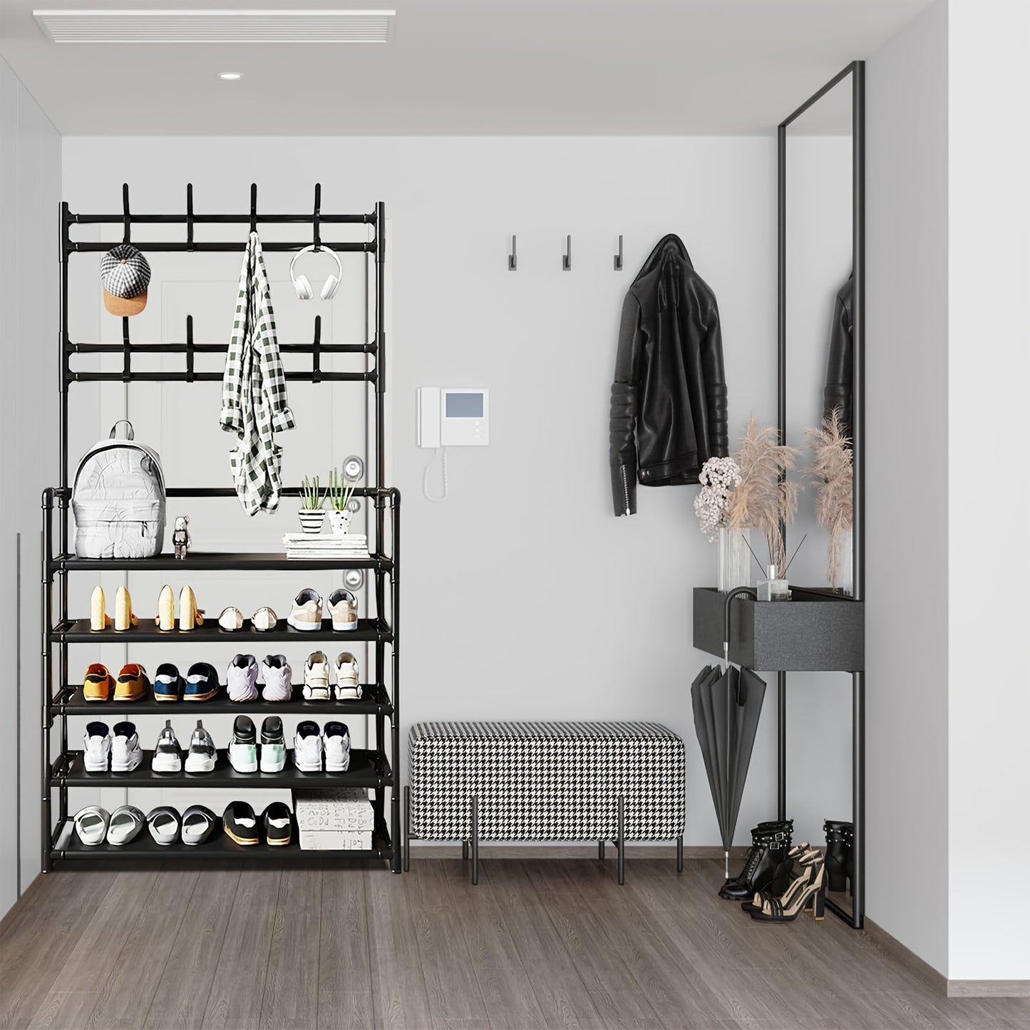 Portaabiti con Scarpiera Organizzatore, 3 in 1 Albero d'Ingresso in Metallo con 5 Ripiani e 8 Ganci Rimovibili, Portaabiti Autoportante per Ingresso con Spazio per Abiti, Scarpe, Cappelli, Borse e Ombrelli