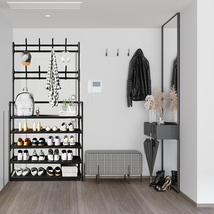 Portaabiti con Scarpiera Organizzatore, 3 in 1 Albero d'Ingresso in Metallo con 5 Ripiani e 8 Ganci Rimovibili, Portaabiti Autoportante per Ingresso con Spazio per Abiti, Scarpe, Cappelli, Borse e Ombrelli