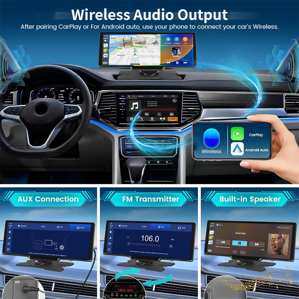 PODOFO 26.06cm Wireless Carplay Android Auto, Autoradio Portatile con Dash Cam 2.5K, Telecamera di Backup 1080P, Navigazione Car Play Controllo Vocale, Chiamata/Musica a Mani Libere, Trasmettitore AUX/FM, Scheda TF 64GB Gratuita, Regali di Buon Natale, Re
