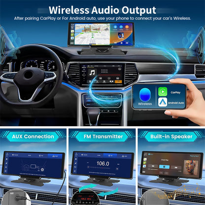 PODOFO 26.06cm Wireless Carplay Android Auto, Autoradio Portatile con Dash Cam 2.5K, Telecamera di Backup 1080P, Navigazione Car Play Controllo Vocale, Chiamata/Musica a Mani Libere, Trasmettitore AUX/FM, Scheda TF 64GB Gratuita, Regali di Buon Natale, Re