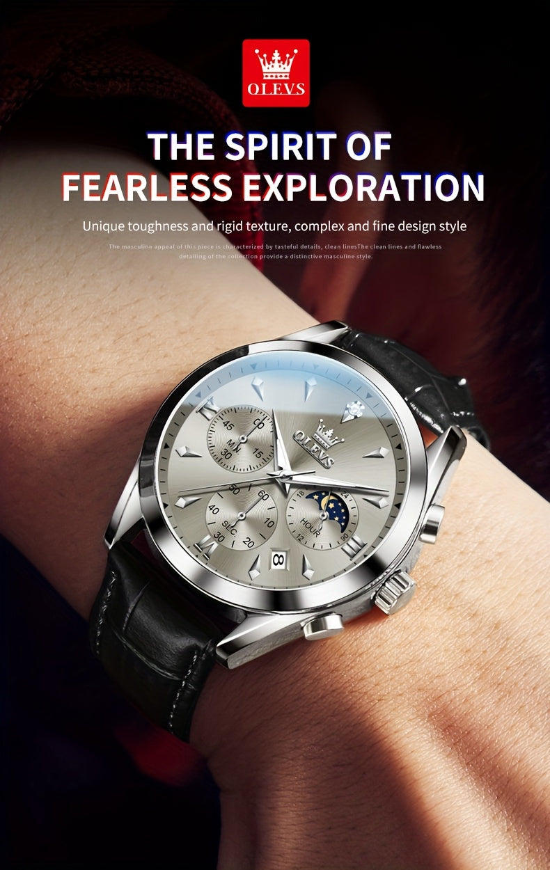 OLEVS Orologio da Uomo Classico Cronografo Cuoio Marrone Cassa Dorata Analogico Quarzo Moda Business Abito Quadrante Grande Orologio da Uomo Giorno Data Luminoso Casual Orologio da Polso Maschile Regali Romantici Relojes De Hombre Quadrante Blu/Nero/Bianc