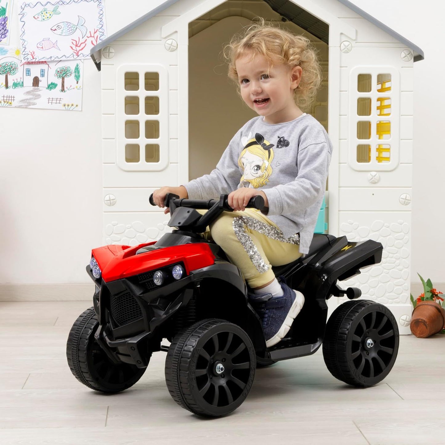 Baroni Toys Quad Elettrico per Bambini 3+ anni con Manubrio Sterzante, Musica e Luci Funzionanti, Quad con Modalità Avanti/Retro, Facile da Montare, 70x42x45 cm