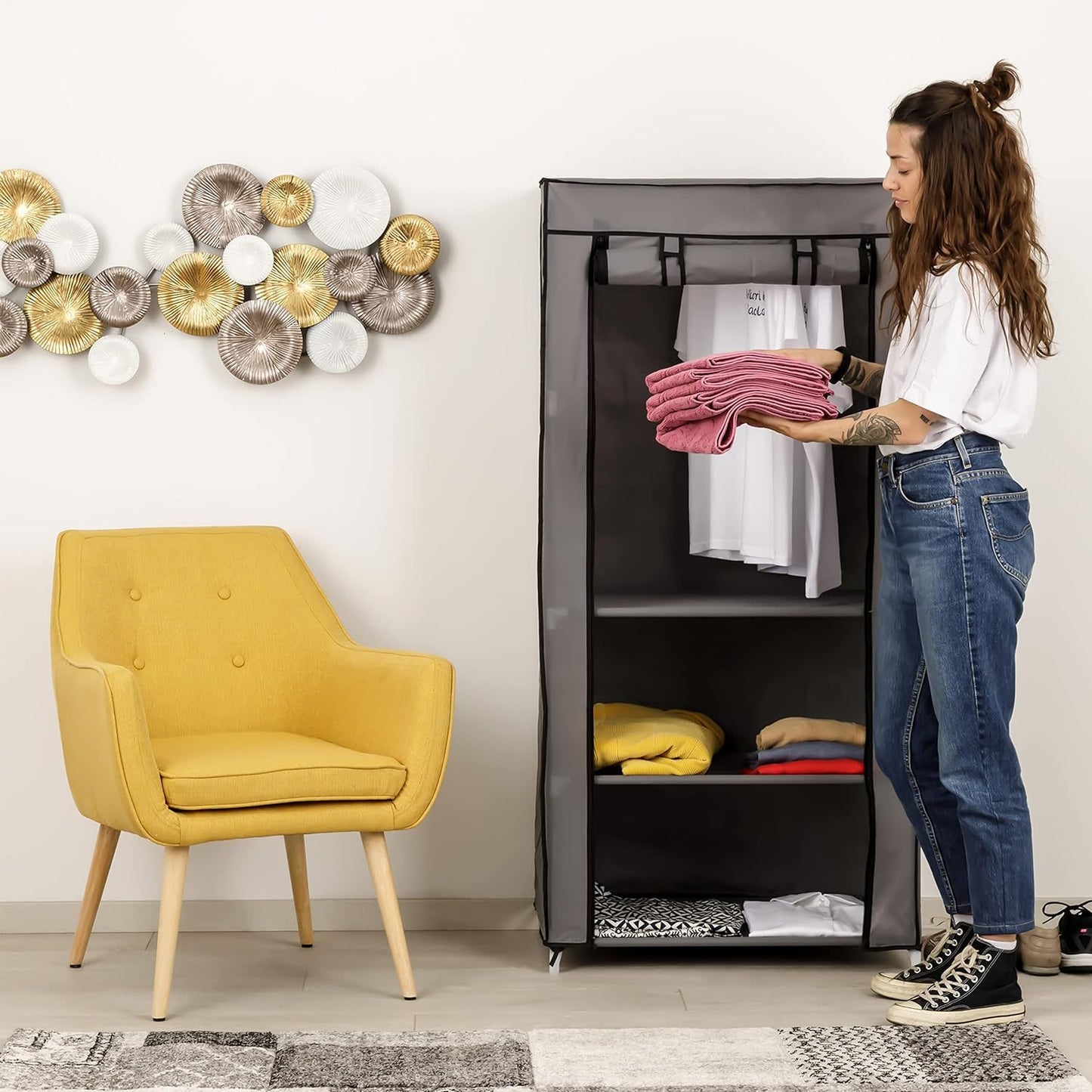 Baroni Home Armadio in Tessuto Richiudibile 70x46x145 cm Grigio 3 Ripiani e 1 Barra Appendiabiti, Guardaroba in Tessuto non Tessuto Pieghevole Salvaspazio con Struttura in Ferro per Camera da Letto, Cabina Armadio, Campeggio, Cameretta, Lavanderia, Mobile