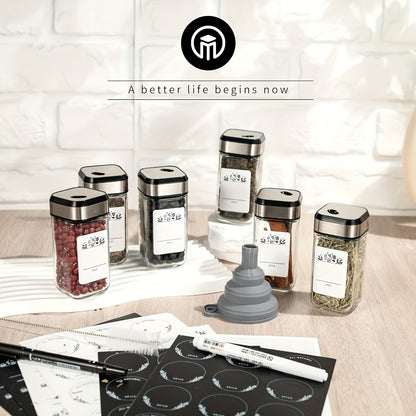 Barattoli quadri per spezie Miorkly con spruzzino integrato, 24 barattoli dosatori per spezie, set di barattoli per spezie da 120ml, scatola porta spezie, contenitori per spezie con coperchi girevoli con foro per spezie, con etichette, barattoli per spezi
