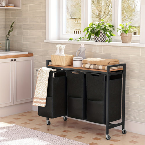 Cesto per la biancheria 3 scomparti, raccoglitore per la biancheria con ripiano, scatola per la biancheria, carrello per la biancheria, 3 X 39.8 L, sacco per la biancheria realizzato in tessuto Oxford, 84 X 33 X 74.5 Cm, marrone-nero vintage, cesti per la