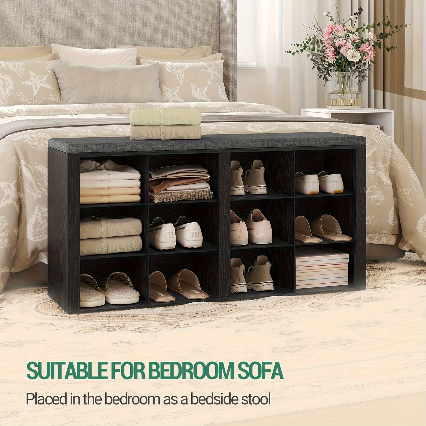 Panchina Portascarpe, Scaffale per Scarpe con Seduta, Panchina con Contenitore, Cuscino, 12 Scomparti, per Soggiorno, Ingresso, Camera da Letto, Bianco-grigio