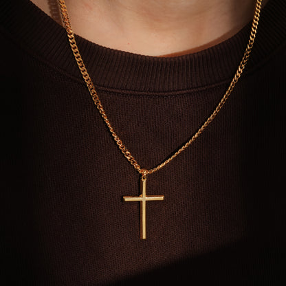 Collana con ciondolo da uomo in argento 925, con croce tridimensionale placcata in oro 18 carati, accompagnata da una robusta catena cubana in argento 925, perfetta come regalo per le feste o la festa del papà, confezionata in una confezione regalo