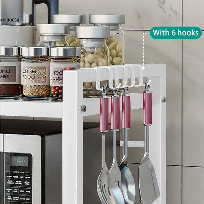 Scaffale per Microonde 3 Ripiani Estendibile con 6 Ganci, Mensola da Cucina, Porta Spezie, Organizzatore per Armadio Microonde, Nero, Estendibile da 40 a 64 cm