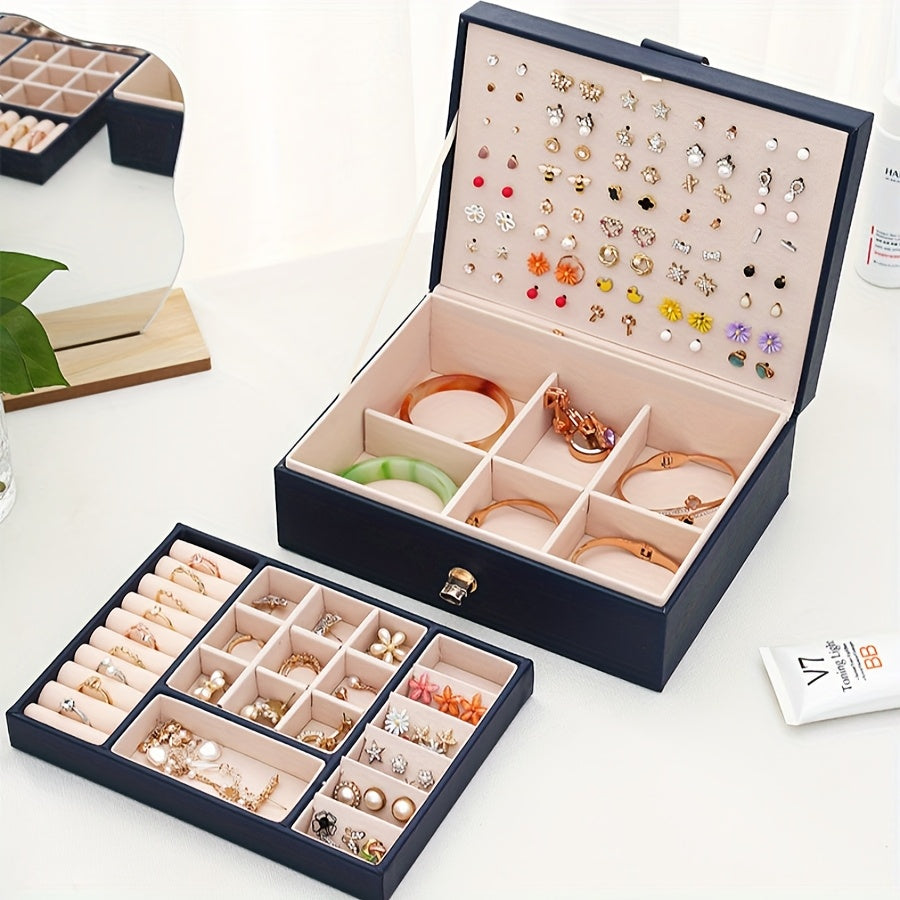 Organizzatore di gioielli di lusso a più livelli con ampio spazio per collane, orecchini, borchie, bracciali e altro, realizzato in ecopelle