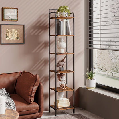 Libreria, Scaffale, Scaffale a Piedi, Libreria Stretta, Scaffale Angolare Industriale, Scaffale Sottile per Ufficio Domestico, Soggiorno, Camera da Letto, Cucina, 6 Ripiani Vintage Marrone-Nero