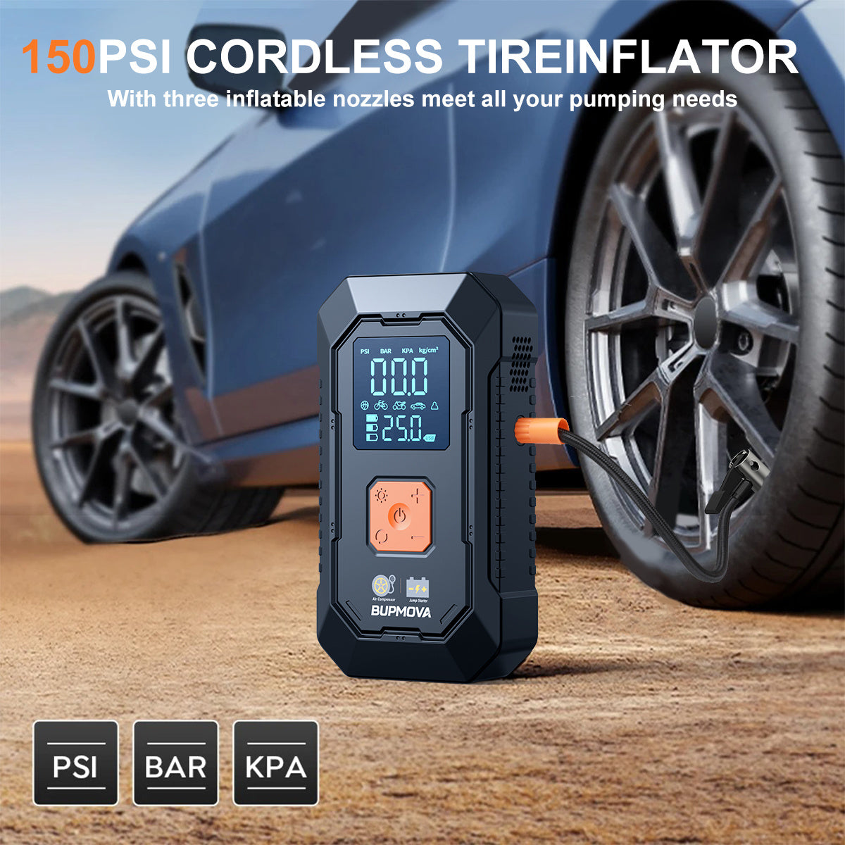 Avviatore di emergenza per auto 8500A con compressore d'aria, pompa di gonfiaggio per pneumatici senza fili, booster per batteria con power bank e torce LED, doppio display della pressione dell'aria
