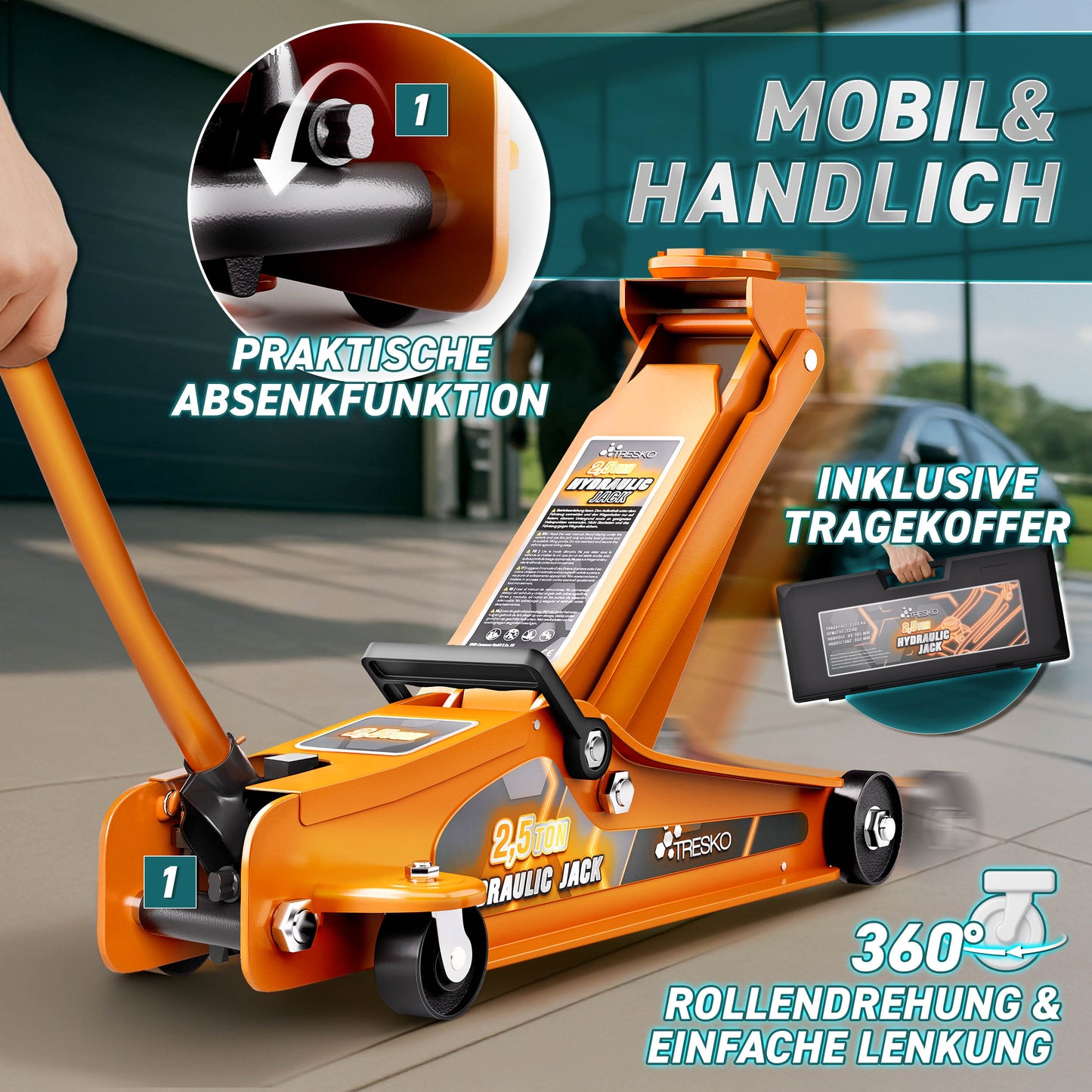 Cric idraulico per auto TRESKO® 2.5 - 3T | Cric idraulico per spostamento auto e SUV con ruote piane e a 360°, include 2 guarnizioni in gomma, tappetino protettivo, guanti