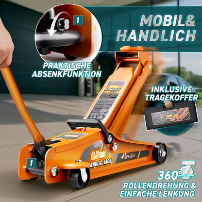 Cric idraulico per auto TRESKO® 2.5 - 3T | Cric idraulico per spostamento auto e SUV con ruote piane e a 360°, include 2 guarnizioni in gomma, tappetino protettivo, guanti