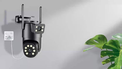 Telecamera di sicurezza multifunzionale wireless da esterno Wifi per il monitoraggio di sicurezza 2K ad alta definizione a doppia lente con rotazione automatica pan-tilt, visione notturna e rilevamento del movimento, chiamata bidirezionale, telecamera di