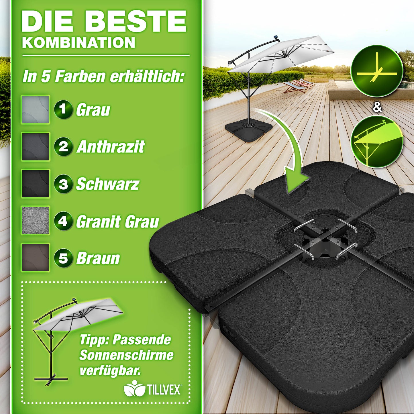 Tillvex® Supporti per Ombrelloni da Sole 60 Litri / 80 Kg - 4 Parti per Ombrellone con Semaforo Incluse Connettori in Metallo | Peso Ombrellone Riempibile con Acqua o Sabbia | Supporto per Ombrellone Resistente alle Intemperie per Balcone Esterno, Terrazz