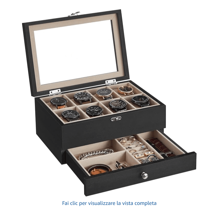 Scatola Porta Orologi in Legno, Custodia per Orologi Meccanici e Gioielli a 8 Scomparti con Coperchio in Vetro, Fodera in Velluto, Inserti Imbottiti, Organizzatore per la Casa, Scelta Regalo Ideale, Scatola Regalo di Natale