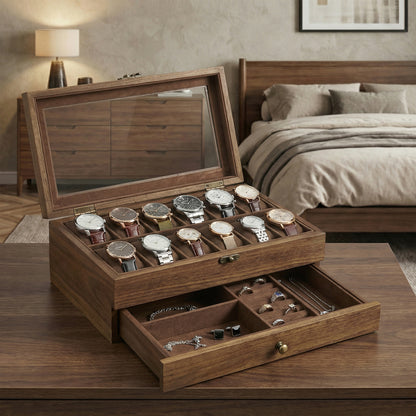 Scatola per Orologi, Porta Orologi in Legno, Scatola Portaorologi a 2 Livelli, 12 Posti, con Coperchio in Vetro, Cuscinetti per Orologi, Rivestimento in Velluto, scatola di conservazione a grande capacità per la casa, scelta ideale per i regali, scomparti