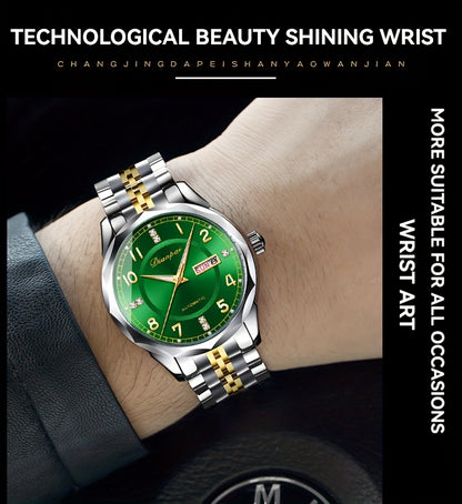 Orologio da polso meccanico automatico da uomo Dianpai - Acciaio inossidabile quadrante verde con indici dorati, indicatore della data, bracciale a catena da polso - Orologio di lusso per feste e casual, nessuna batteria richiesta, regalo ideale per lui,