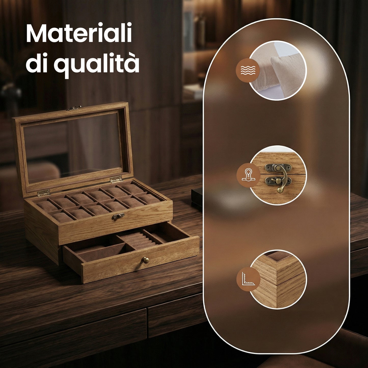 Scatola per Orologi, Porta Orologi in Legno, Scatola Portaorologi a 2 Livelli, 12 Posti, con Coperchio in Vetro, Cuscinetti per Orologi, Rivestimento in Velluto, scatola di conservazione a grande capacità per la casa, scelta ideale per i regali, scomparti