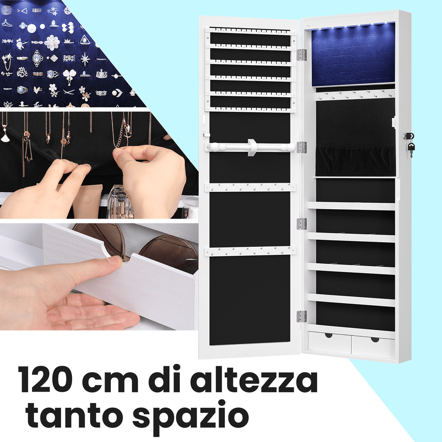 Armadietto Portagioie da Parete o Porta, con Specchio e 6 Lampadine LED, Serratura