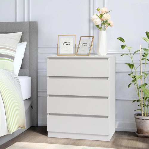 Comò OUTOPEE a 4 Cassetti, Cassettiera in Legno, Moderna Unità di Archiviazione Ampia, Comodino per Camera da Letto, Ufficio, Soggiorno, Bianco