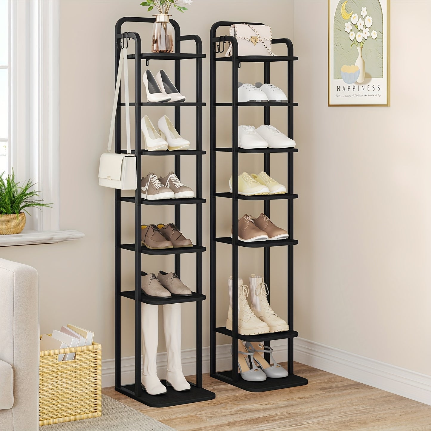 Rack per scarpe verticale, scaffali per scarpe, torre per scarpe per spazi piccoli, indipendente, regolabile, risparmia spazio, 8 livelli marrone e nero