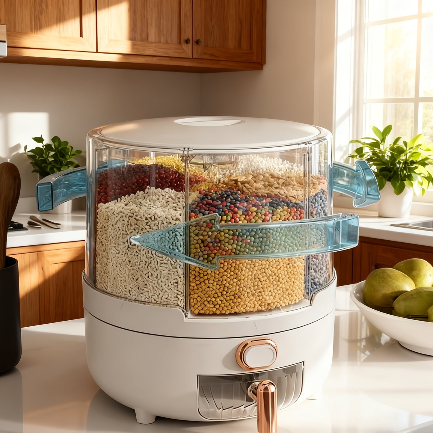 Contenitore Rotante per Cereali | PET | 6 Scomparti Antiumidità | Design a Tappo Ribaltabile Rotondo | Lavaggio Manuale Solo per Alimenti Secchi | 4,5 L (L. D. 22 X 25 cm)