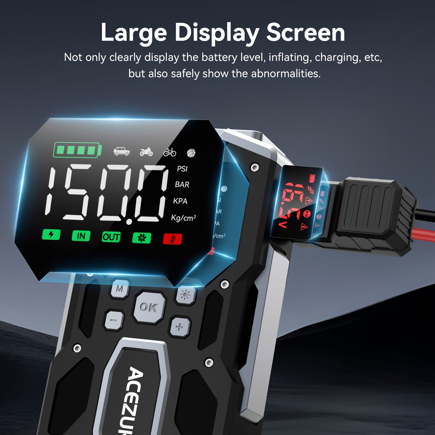Avviatore di emergenza per auto 12000A con compressore d'aria, booster batteria 12V per tutti i motori a benzina/diesel da 10L, gonfiatore portatile per pneumatici con display LCD, luce LED QC3.0, per SUV, camion, moto con custodia