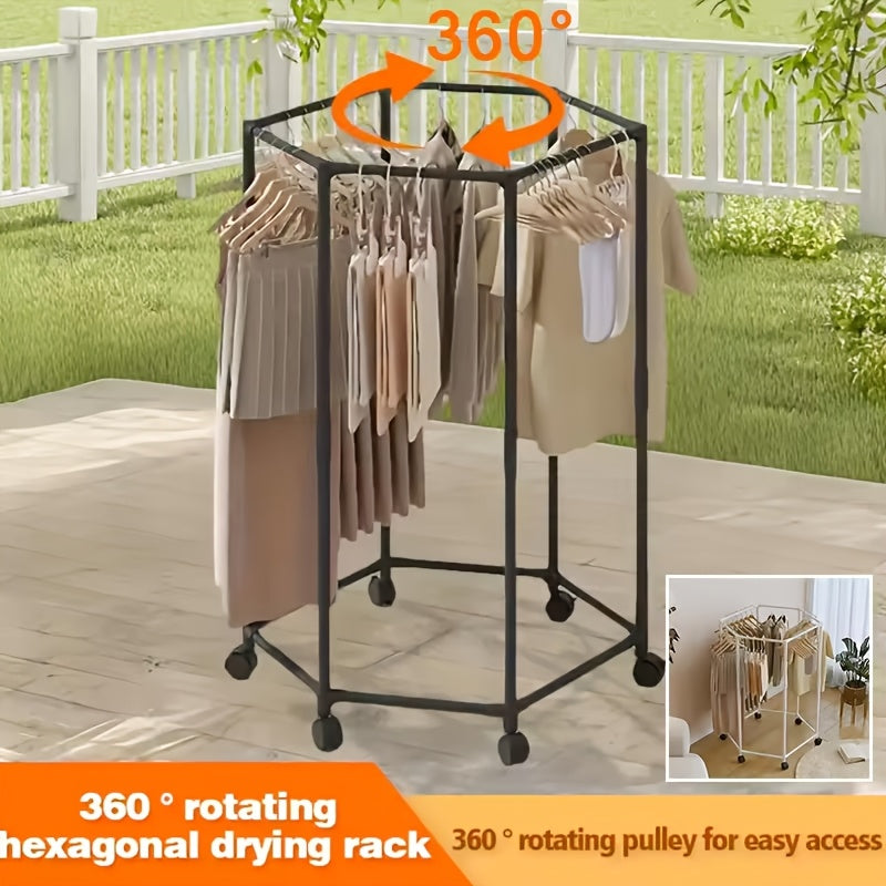 Stendibiancheria girevole esagonale con ruote - Gruccia da pavimento girevole a 360°, robusta struttura in metallo, design portatile salvaspazio per lavanderia, espositore per boutique e contenitore per la casa, appendiabiti, costruzione durevole con 2 sa
