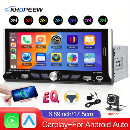 NHOPEEW 1 DIN 17.53cm Schermo HD Monitor IPS 2.5D Lettore MP5 Universale per Auto con Carplay Wireless & per Android auto Mirror Link Ricevitore Radio FM/ RDS Supporto TF/ USB Telecamera Posteriore (Opzionale)