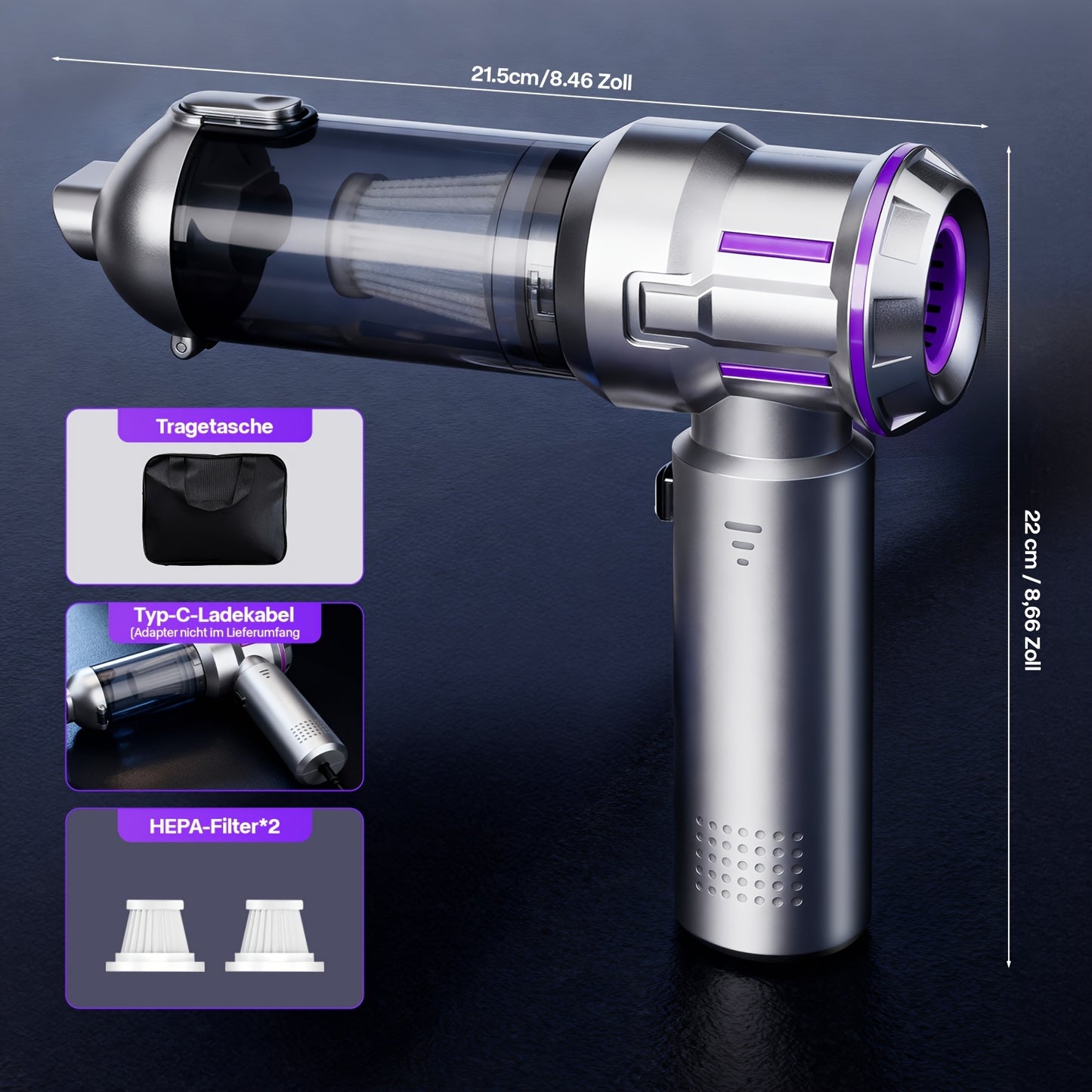 Aspirapolvere portatile senza fili 26000Pa | Mini aspirapolvere portatile 9-in-1 per impieghi gravosi con potente aspirazione | Senza cavo, contenitore della polvere facile da svuotare, accessori inclusi, batteria agli ioni di litio, per auto, casa, peli