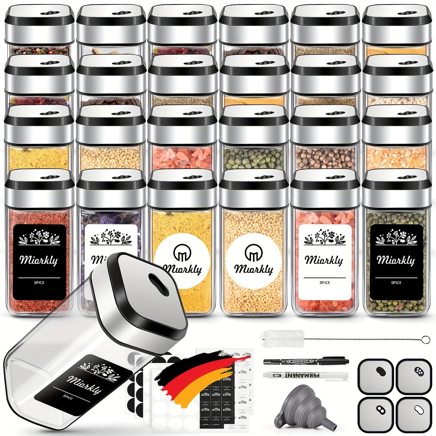Barattoli quadri per spezie Miorkly con spruzzino integrato, 24 barattoli dosatori per spezie, set di barattoli per spezie da 120ml, scatola porta spezie, contenitori per spezie con coperchi girevoli con foro per spezie, con etichette, barattoli per spezi