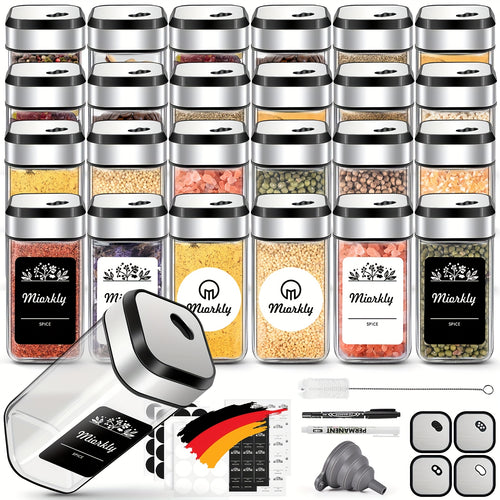 Barattoli quadri per spezie Miorkly con spruzzino integrato, 24 barattoli dosatori per spezie, set di barattoli per spezie da 120ml, scatola porta spezie, contenitori per spezie con coperchi girevoli con foro per spezie, con etichette, barattoli per spezi