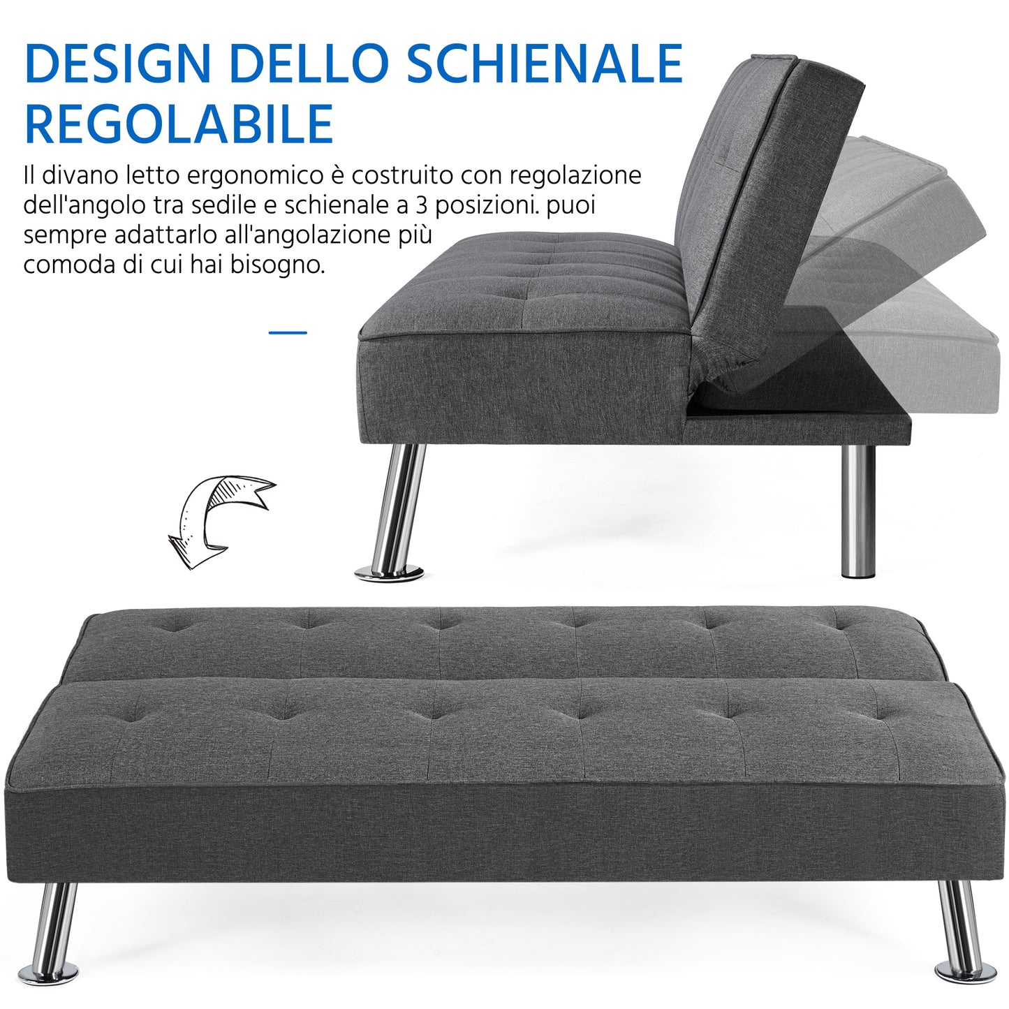Costoffs Divano Letto a 3 Posti Divano Letto in Tessuto Imbottito con Gambe in Metallo Cromato 105° - 180° per Soggiorno Studio Ufficio Camera degli Ospiti Carico Massimo 350 kg