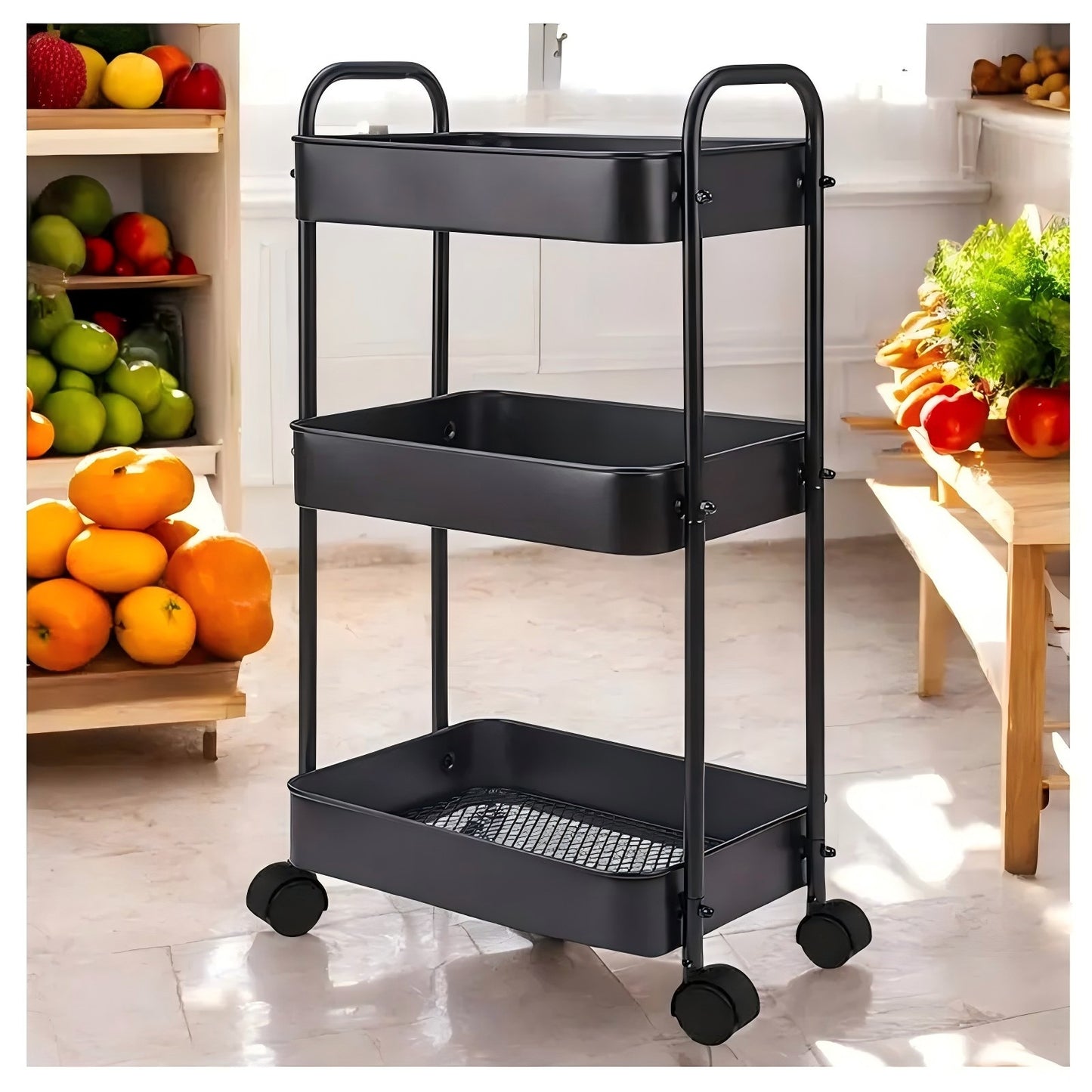 Carrello portaoggetti, mensola da cucina, carrello portaoggetti multifunzionale con ruote, carrello portaoggetti mobile a 3 livelli, adatto per camere da letto, cucine, bagni, uffici (nero)